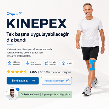 Dizinde mavi kinezyo bantla ayakta duran kişinin yer aldığı kullanım görseli