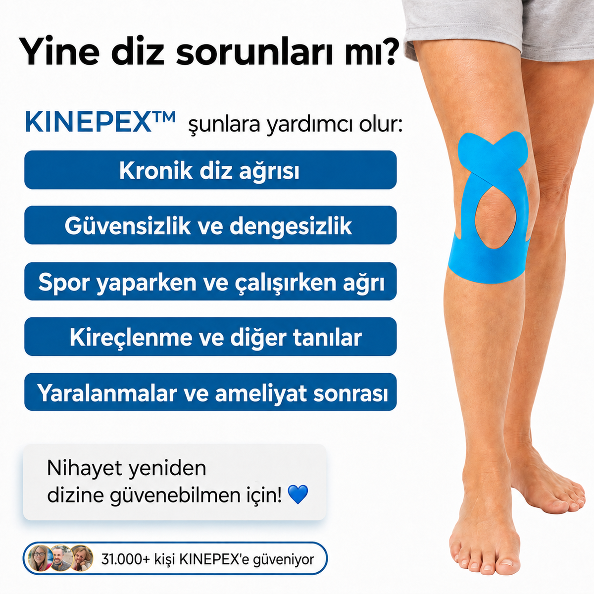 Diz çevresindeki mavi kinezyo bandı ve ürün bilgilerini gösteren tanıtım görseli